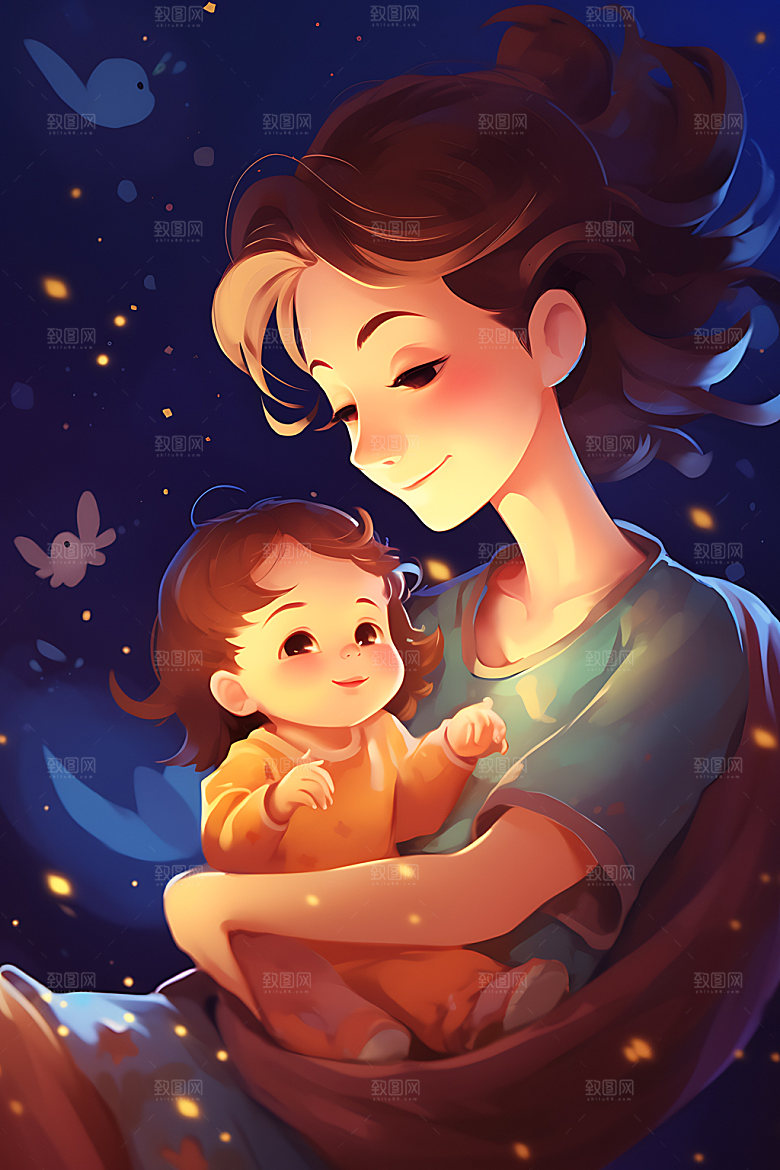 母亲抱着孩子家人母婴插画