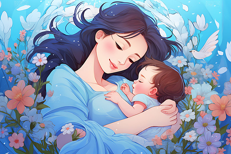 母亲抱着孩子亲情母子插画