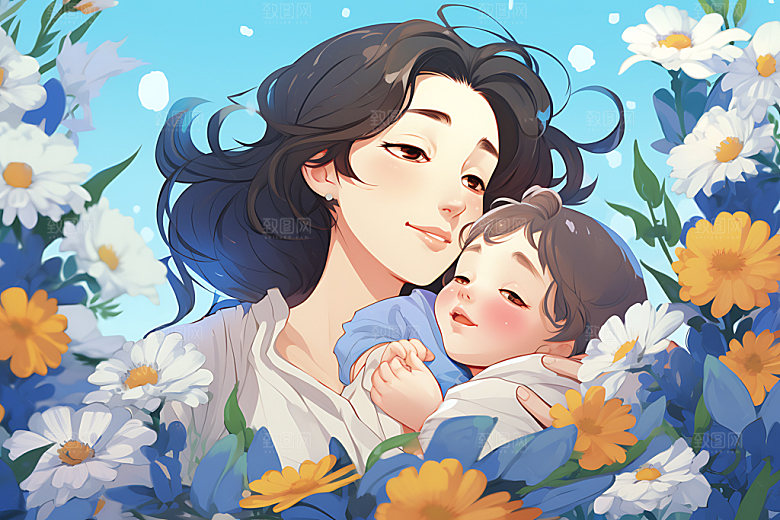 母亲抱着孩子母婴母亲节插画
