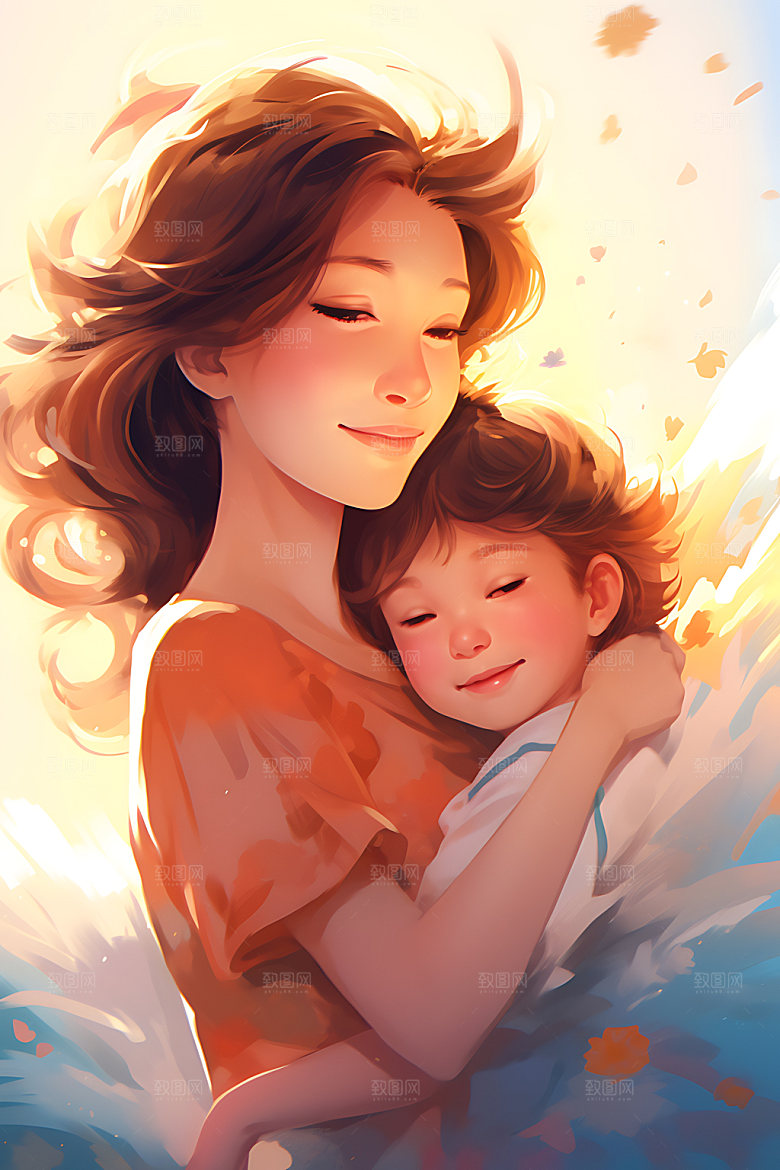 母亲抱着孩子家庭家人插画