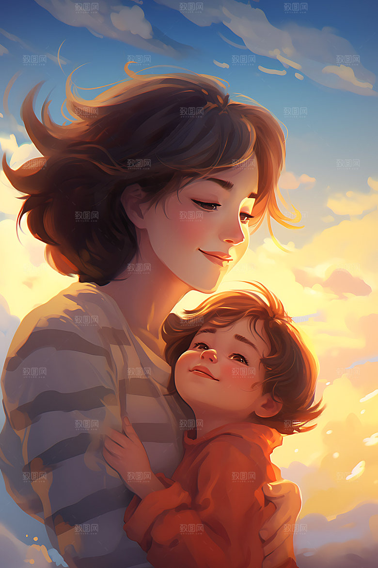 母亲抱着孩子家人母子插画