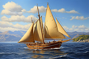 木质帆船古代帆船航行模型