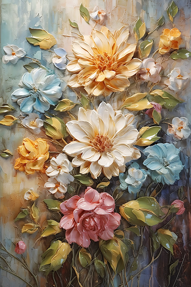 奶油风花卉植物高清油画