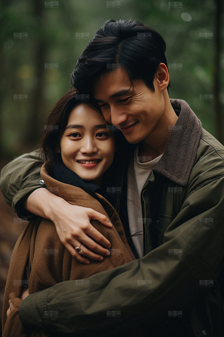 时尚秋冬夫妻情侣牵手拥抱矢量图