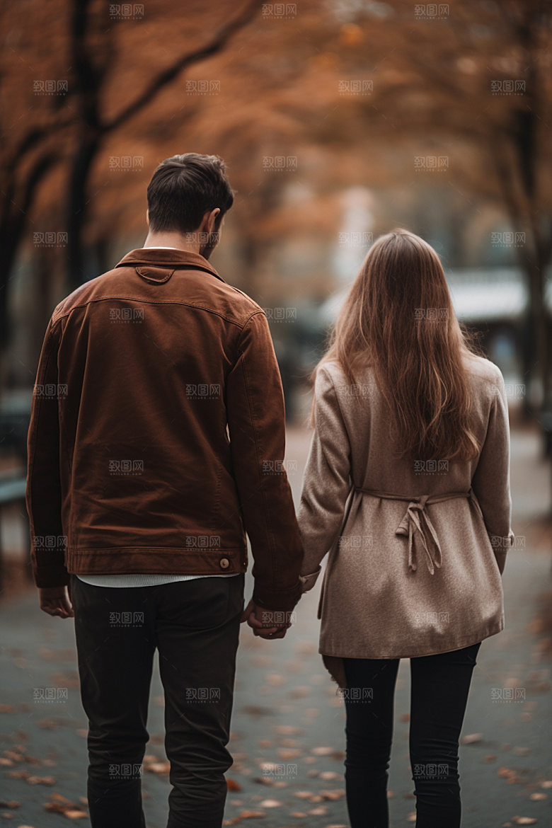 时尚秋冬夫妻情侣牵手拥抱矢量图