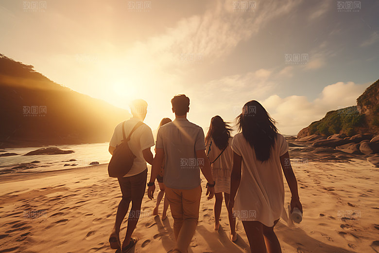 年轻人背影毕业旅行集体活动摄影图