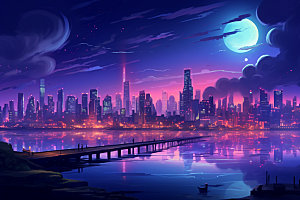 霓虹城市都市夜晚插画