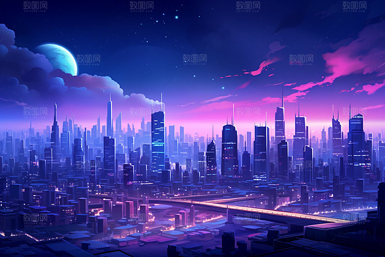 霓虹城市都市赛博朋克插画