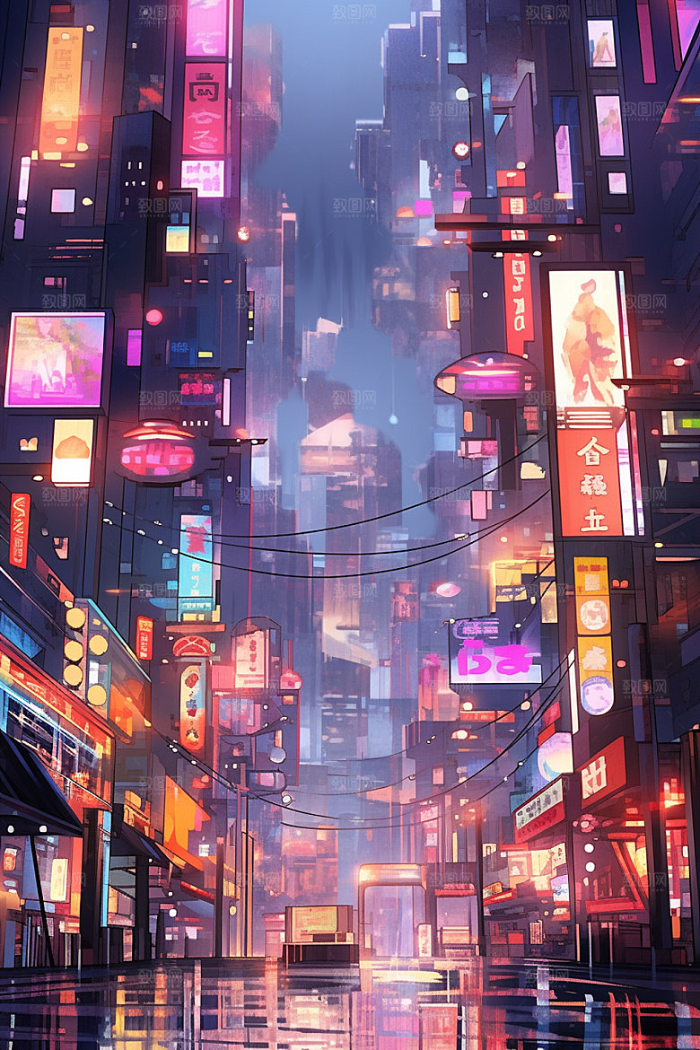 霓虹城市手绘都市插画
