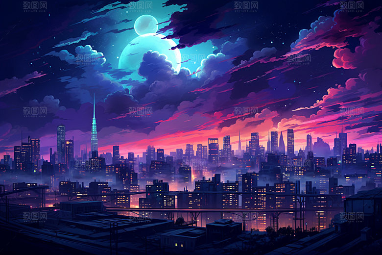 霓虹城市手绘科技感插画