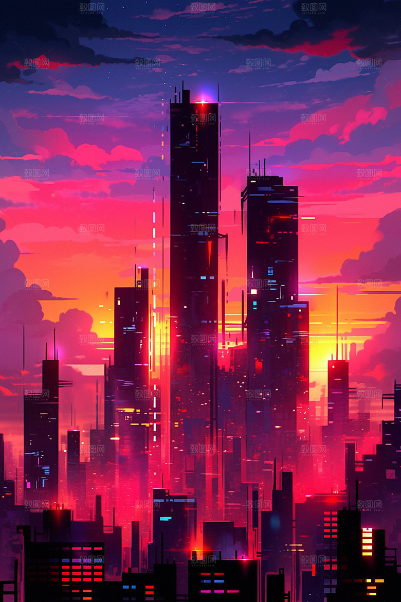 霓虹城市手绘夜晚插画