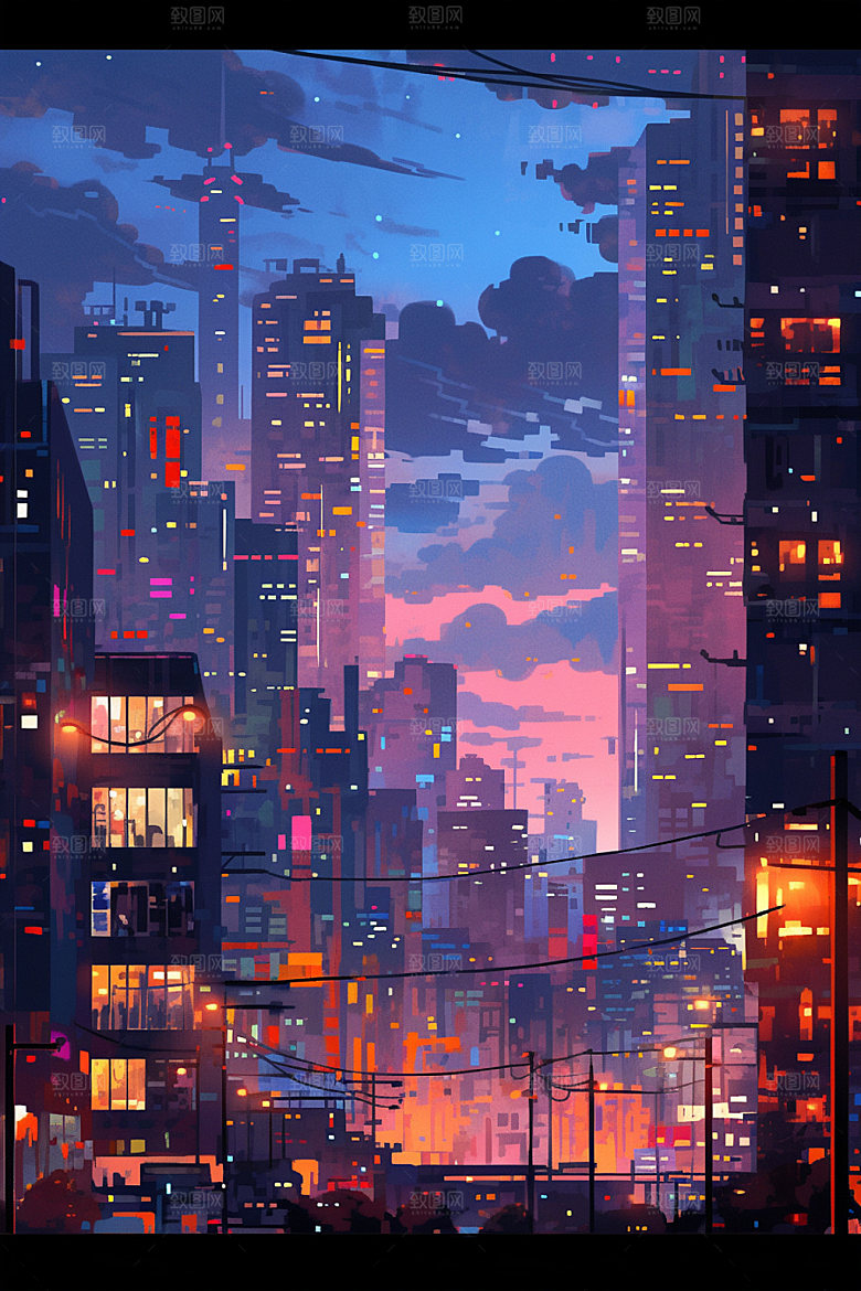 霓虹城市未来夜晚插画