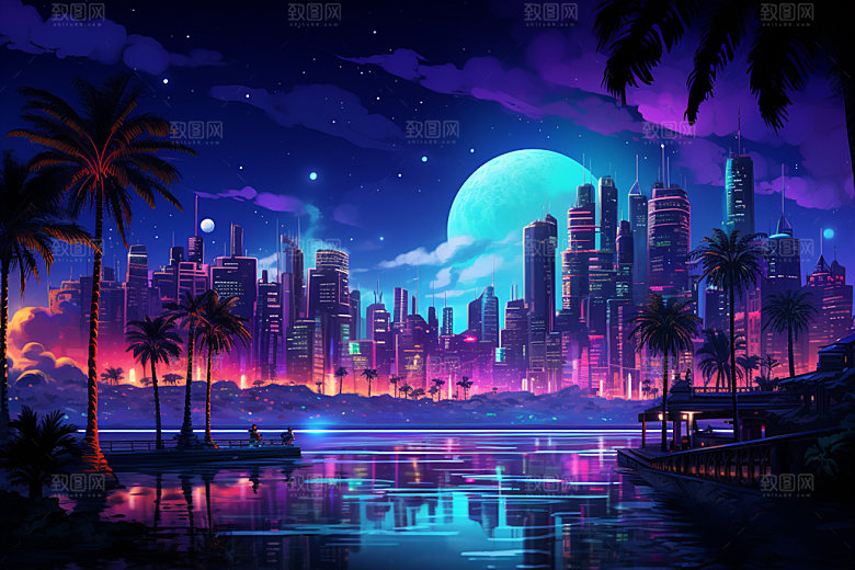 霓虹城市未来赛博朋克插画