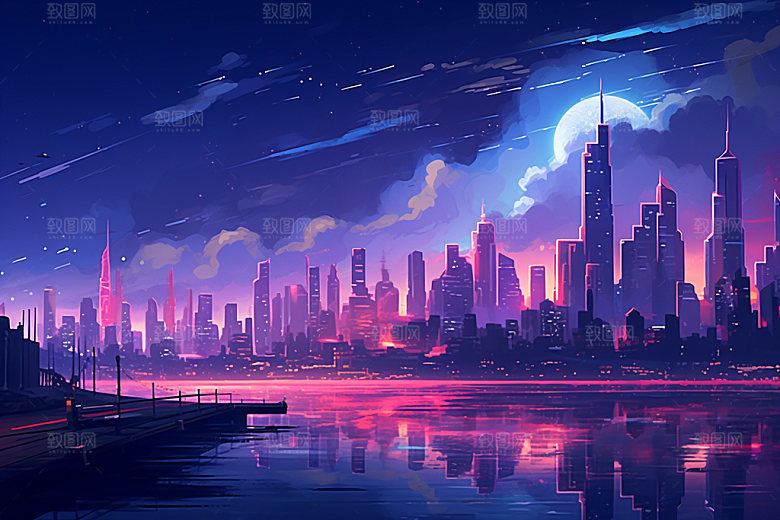 霓虹城市科技感都市插画