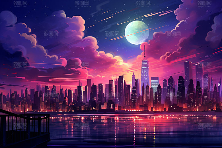 霓虹城市手绘场景插画
