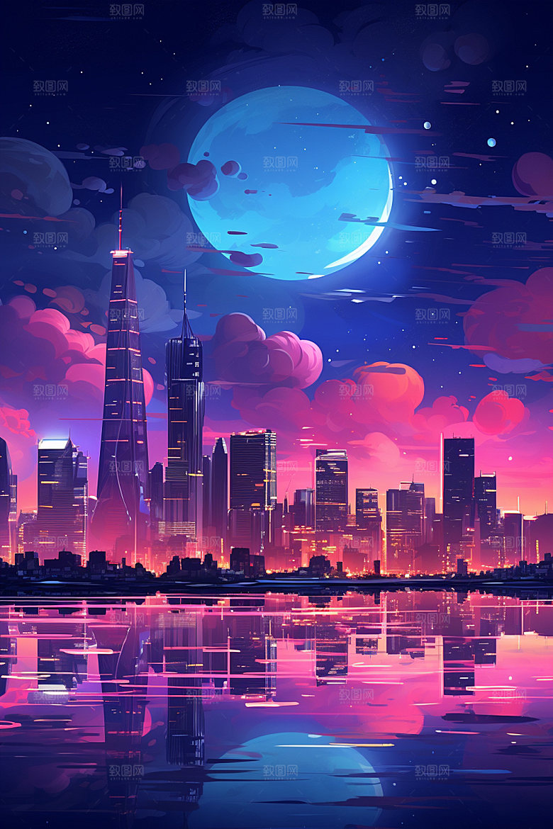 霓虹城市未来手绘插画