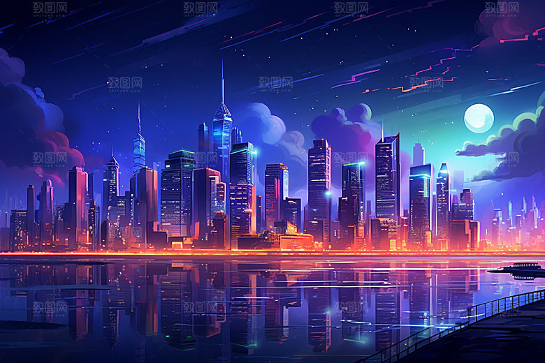 霓虹城市赛博朋克都市插画