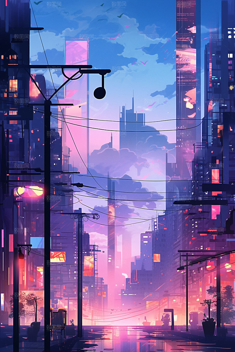 霓虹城市夜晚科技感插画