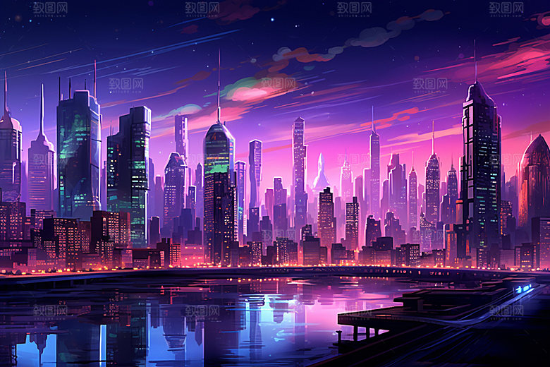 霓虹城市场景手绘插画