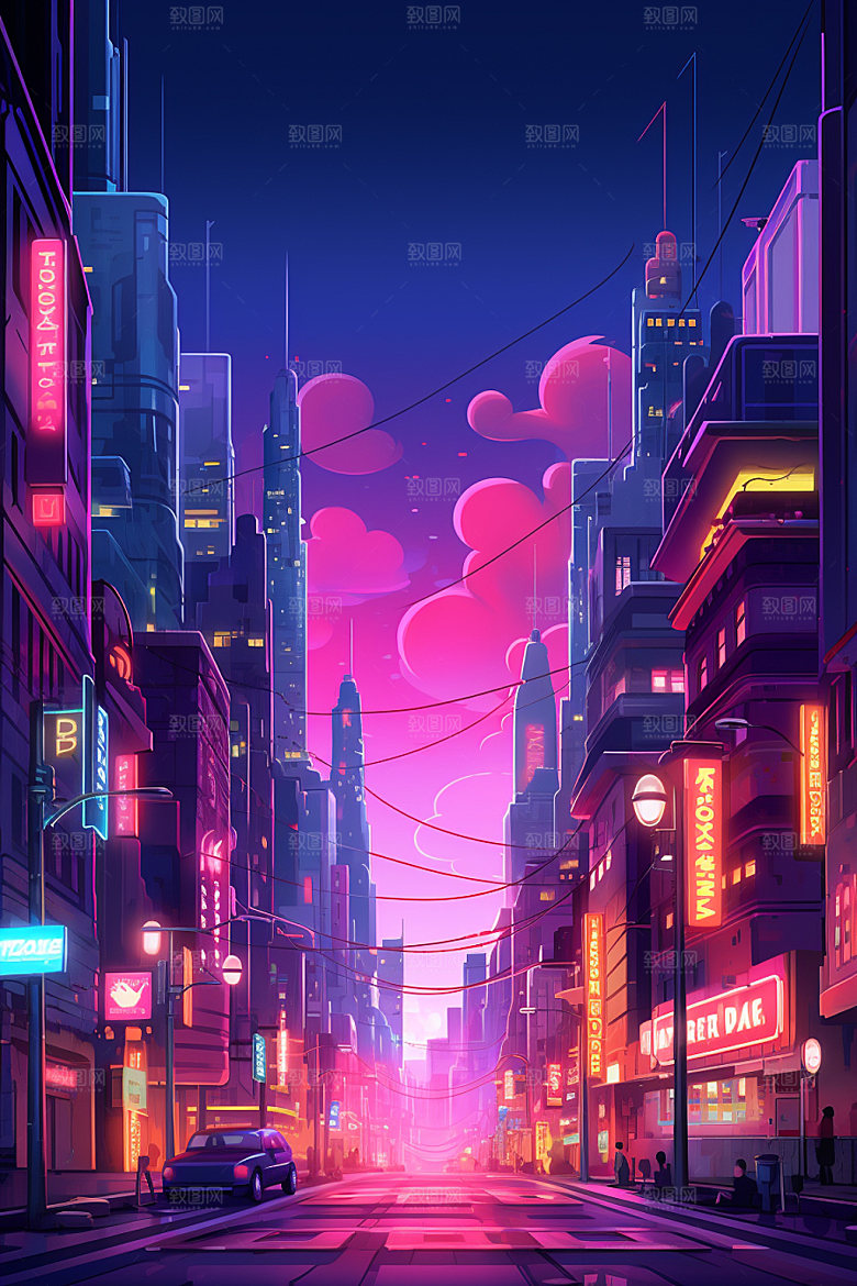 霓虹城市科技感都市插画