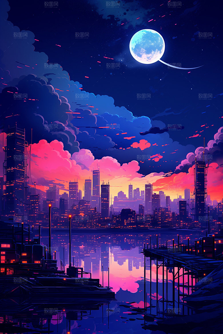 霓虹城市夜晚未来插画