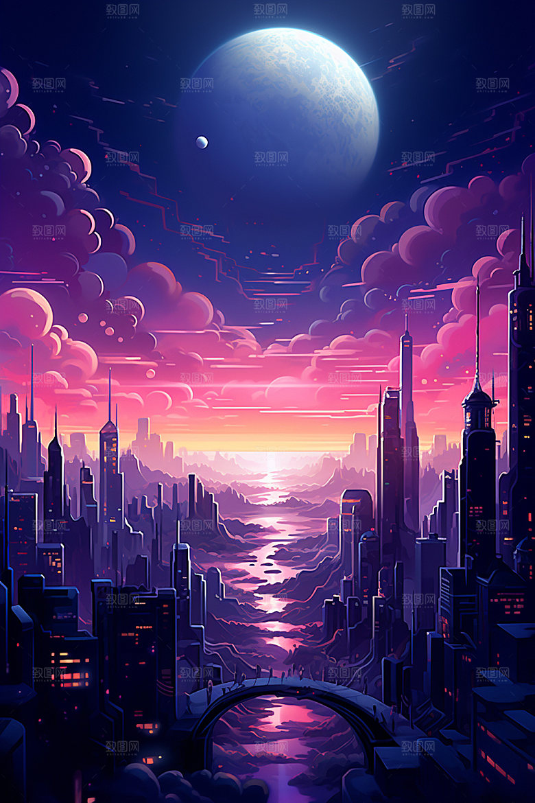 霓虹城市夜晚都市插画