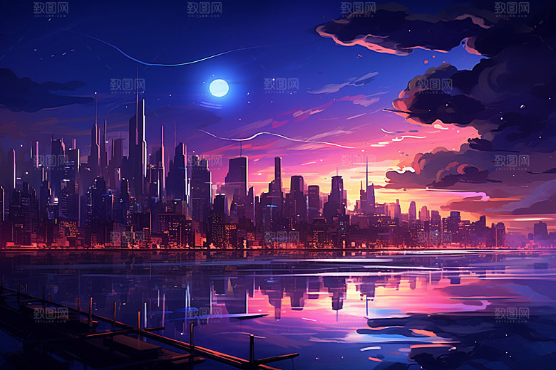 霓虹城市赛博朋克未来插画