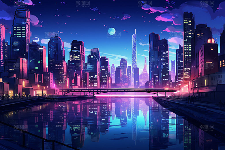 霓虹城市赛博朋克未来插画
