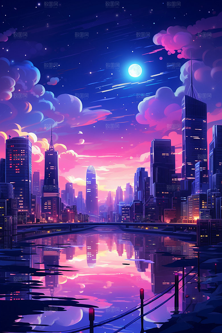 霓虹城市场景夜晚插画