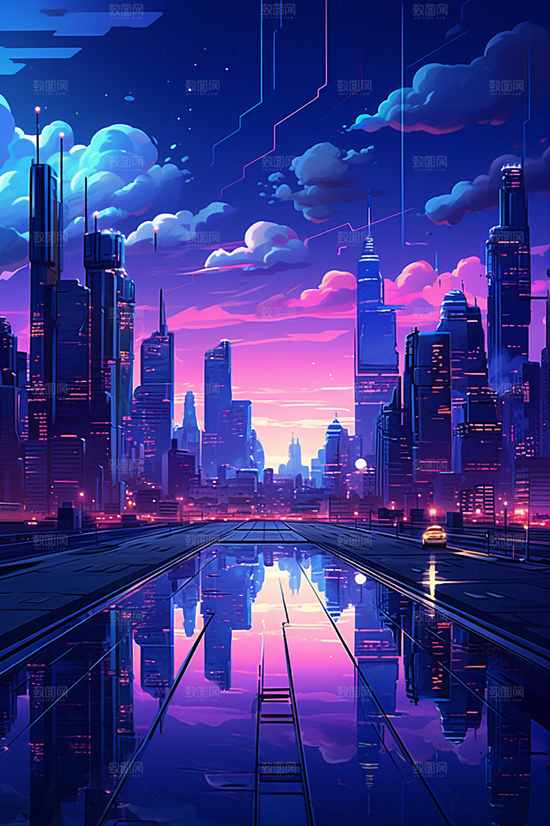 霓虹城市场景科技感插画