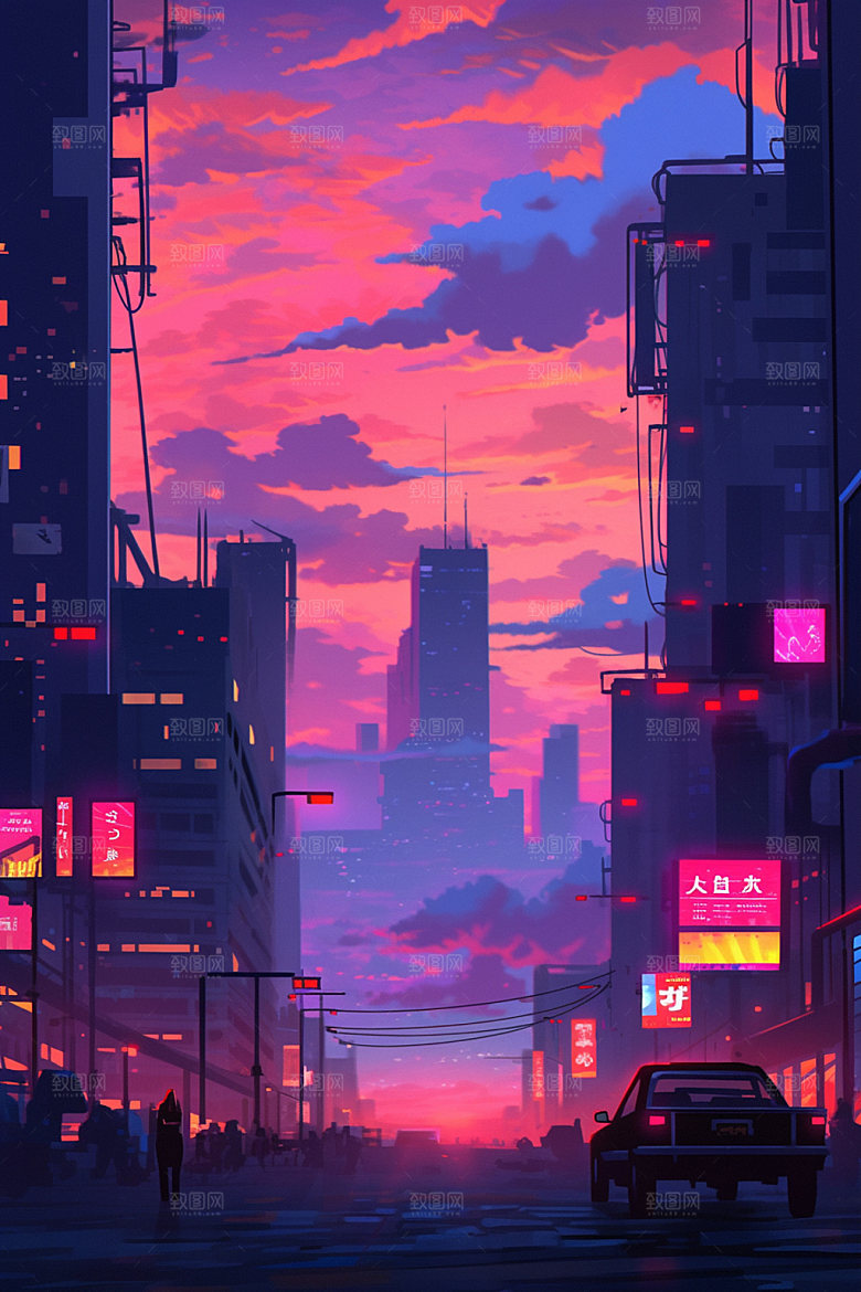 霓虹城市赛博朋克场景插画