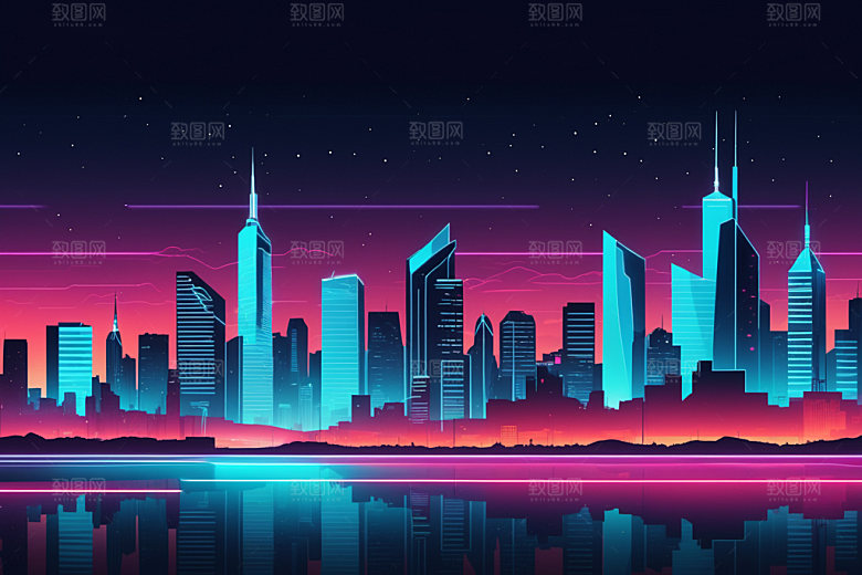 霓虹城市赛博朋克彩色插画