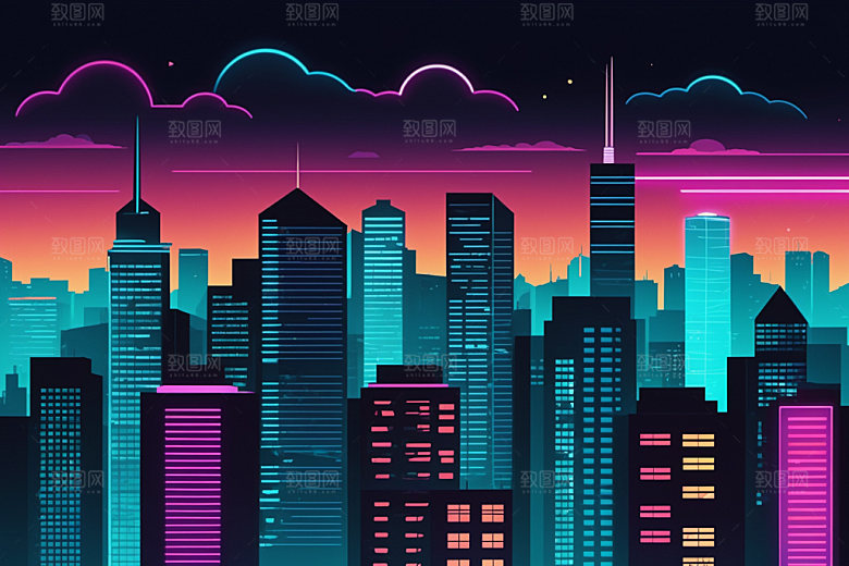 霓虹城市未来地标插画