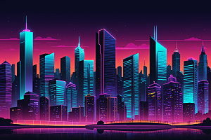 霓虹城市都市彩色插画