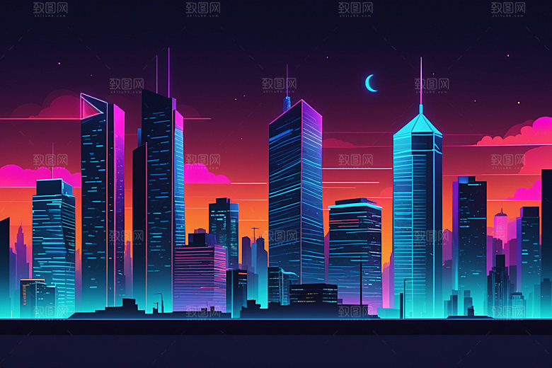 霓虹城市都市建筑插画