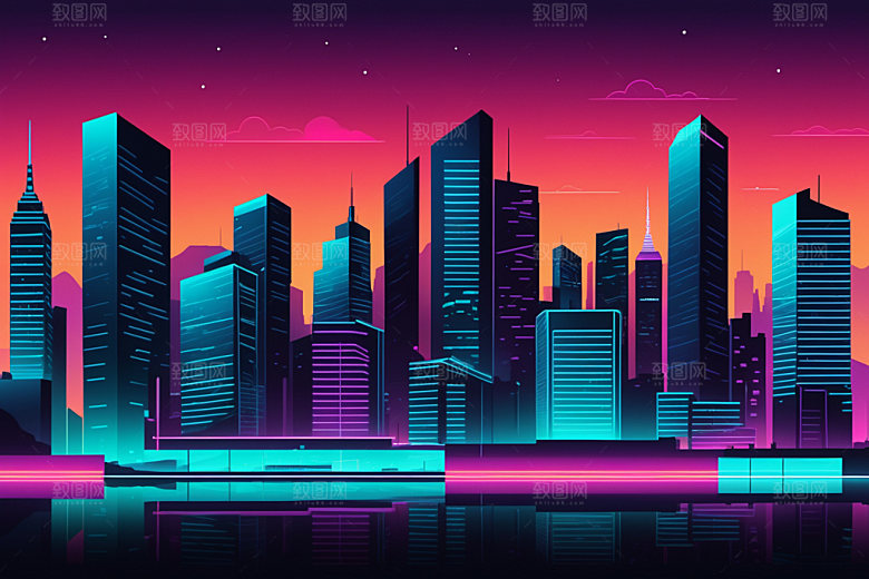 霓虹城市未来地标插画