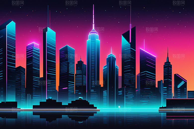 霓虹城市建筑元素插画