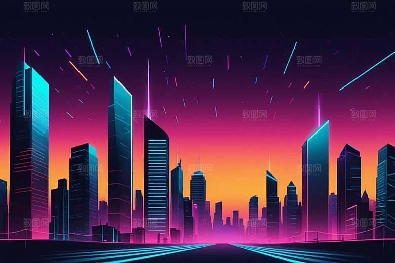 霓虹城市元素赛博朋克插画