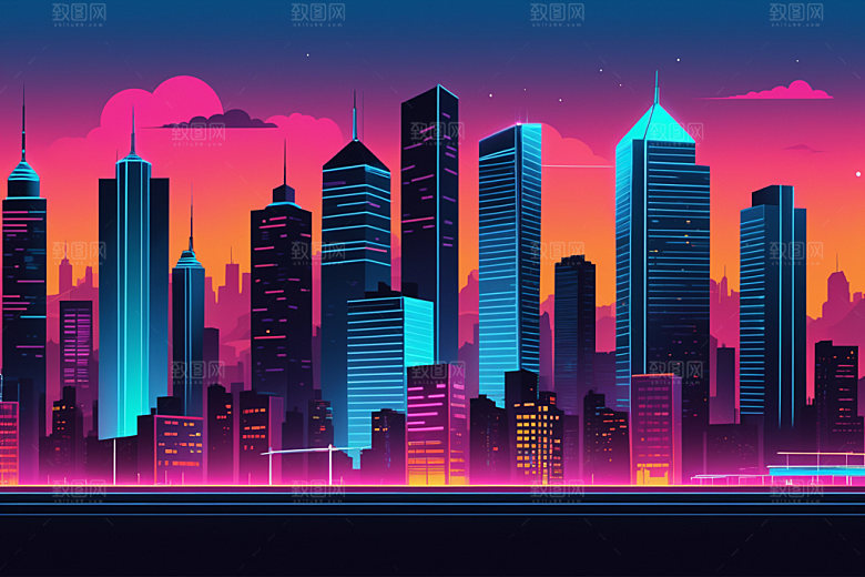 霓虹城市彩色元素插画