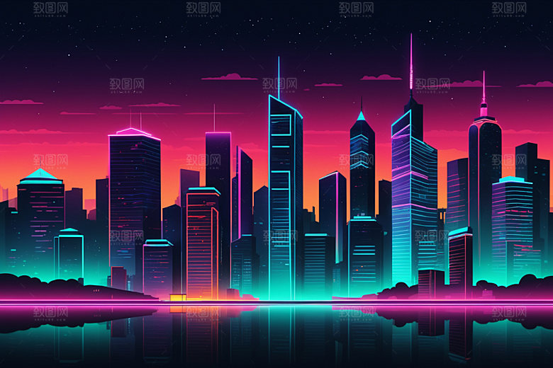 霓虹城市时尚地标插画