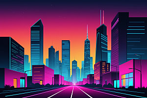 霓虹城市建筑彩色插画