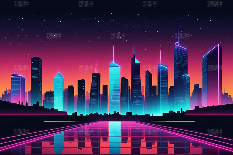 霓虹城市地标建筑插画