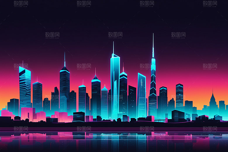 霓虹城市元素地标插画