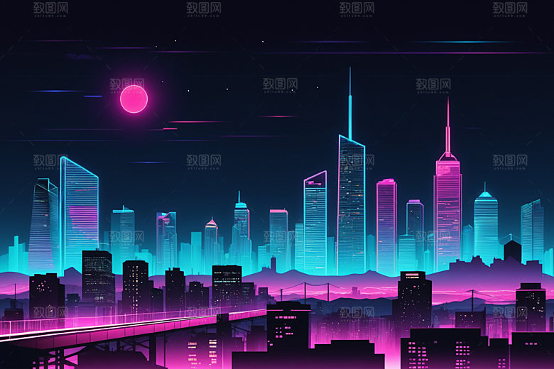 霓虹城市未来彩色插画