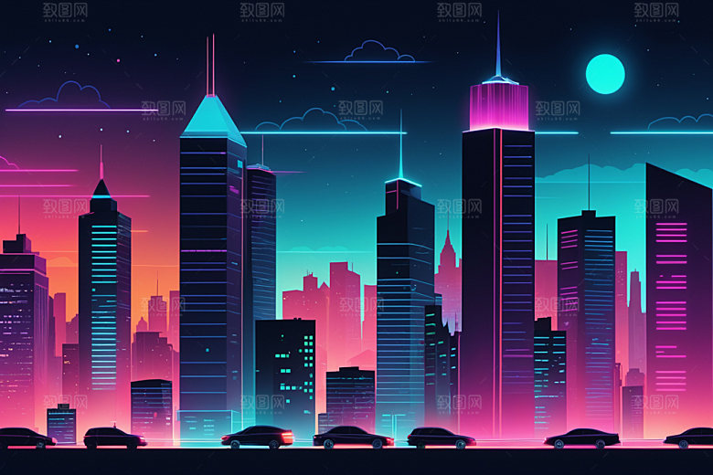 霓虹城市未来赛博朋克插画