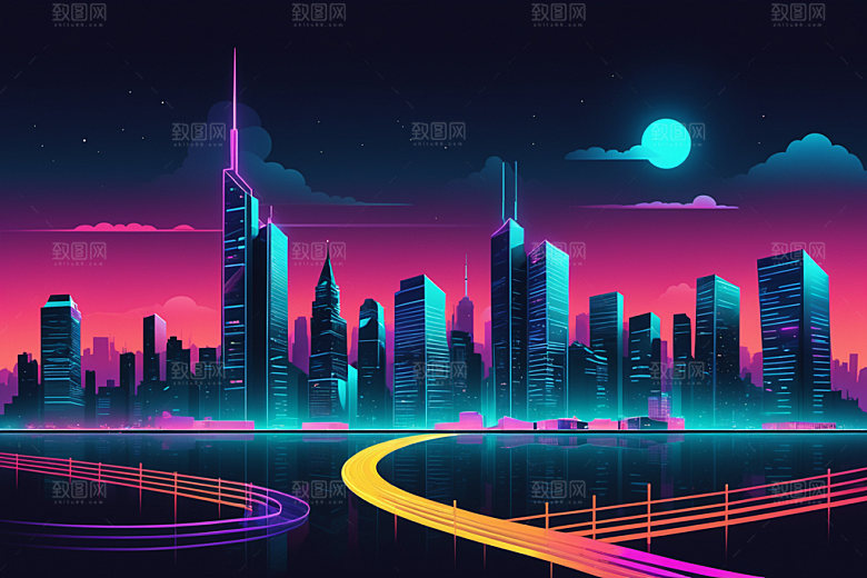 霓虹城市赛博朋克时尚插画