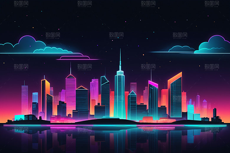 霓虹城市赛博朋克地标插画