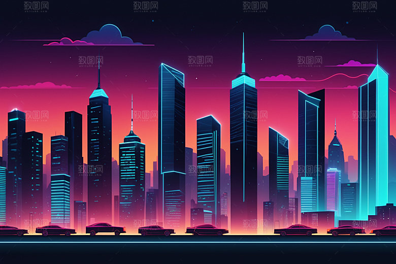霓虹城市都市建筑插画