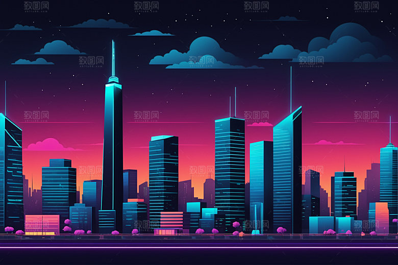 霓虹城市未来建筑插画