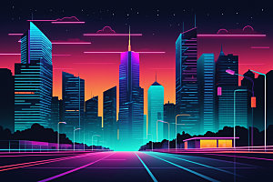 霓虹城市建筑地标插画